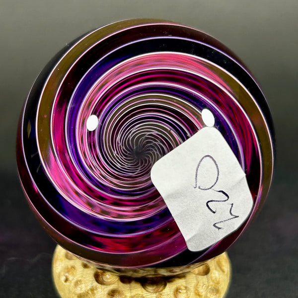 Hot Hot Glass Art Glass Marble, Latticino core with banded pinks and purples, 1.74” 2014