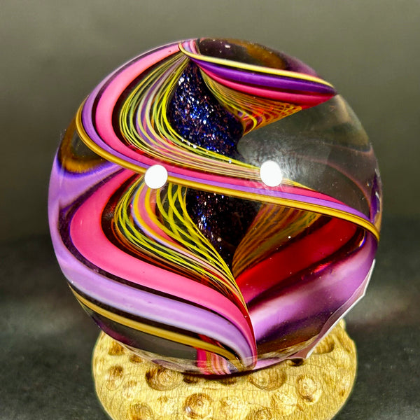 Geoffrey Beetem Art Glass Marble, pink ribbons and fine line spirals  1.47”