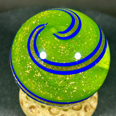 Geoffrey Beetem Art Glass Marble, Neon color bomb in Dichro yellow-green with bands  1.47”