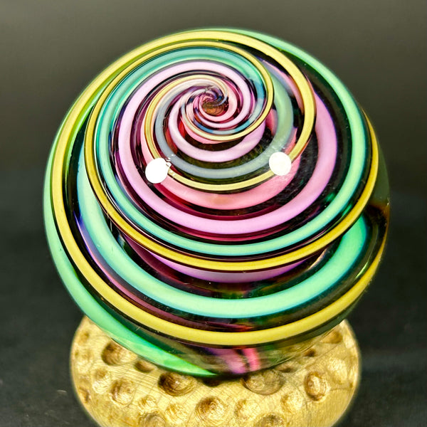 Geoffrey Beetem Art Glass Marble, Neon spiral lines  1.42”