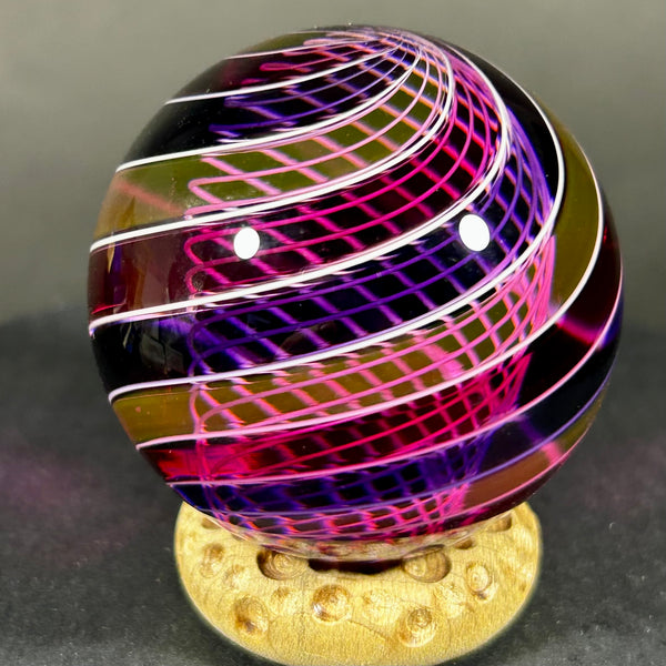 Hot Hot Glass Art Glass Marble, Latticino core with banded pinks and purples, 1.74” 2014