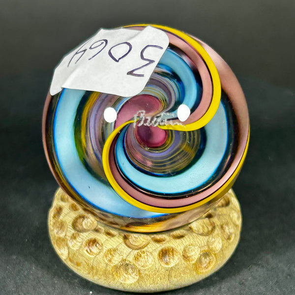 Geoffrey Beetem Art Glass Marble, Neon blues spiral lines  1.27”
