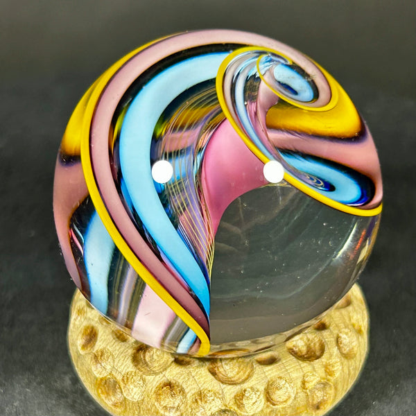 Geoffrey Beetem Art Glass Marble, Neon blues spiral lines  1.27”