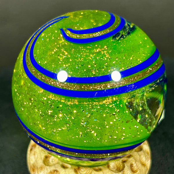 Geoffrey Beetem Art Glass Marble, Neon color bomb in Dichro yellow-green with bands  1.47”