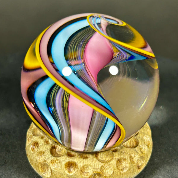 Geoffrey Beetem Art Glass Marble, Neon blues spiral lines  1.27”