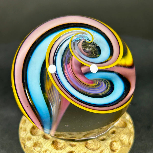 Geoffrey Beetem Art Glass Marble, Neon blues spiral lines  1.27”
