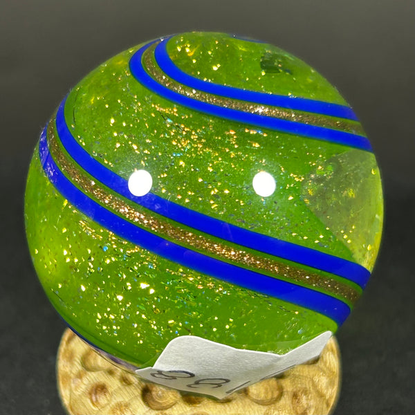 Geoffrey Beetem Art Glass Marble, Neon color bomb in Dichro yellow-green with bands  1.47”