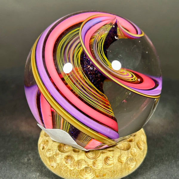 Geoffrey Beetem Art Glass Marble, pink ribbons and fine line spirals  1.47”