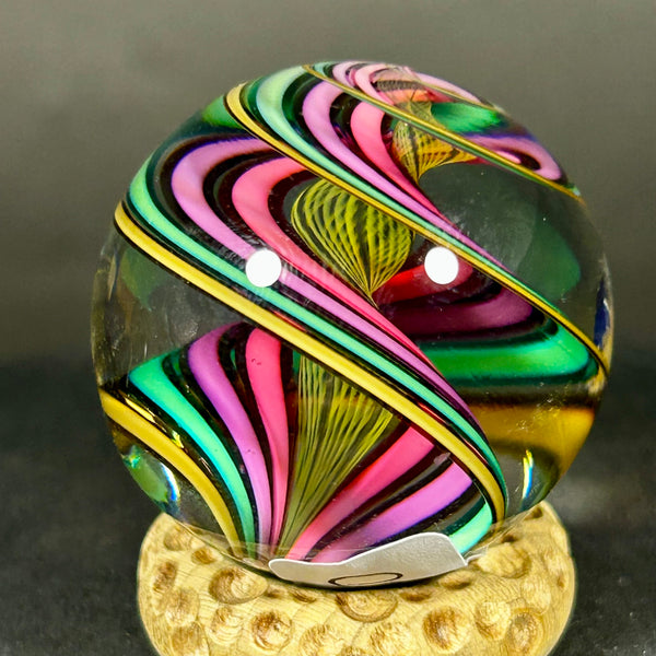 Geoffrey Beetem Art Glass Marble, Neon spiral lines  1.42”