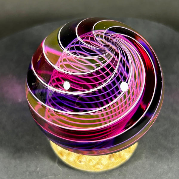 Hot Hot Glass Art Glass Marble, Latticino core with banded pinks and purples, 1.74” 2014