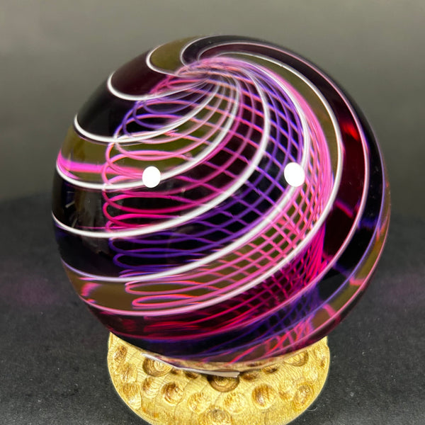 Hot Hot Glass Art Glass Marble, Latticino core with banded pinks and purples, 1.74” 2014