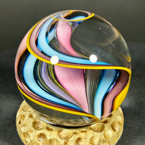 Geoffrey Beetem Art Glass Marble, Neon blues spiral lines  1.27”