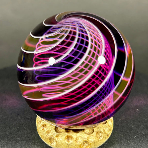 Hot Hot Glass Art Glass Marble, Latticino core with banded pinks and purples, 1.74” 2014