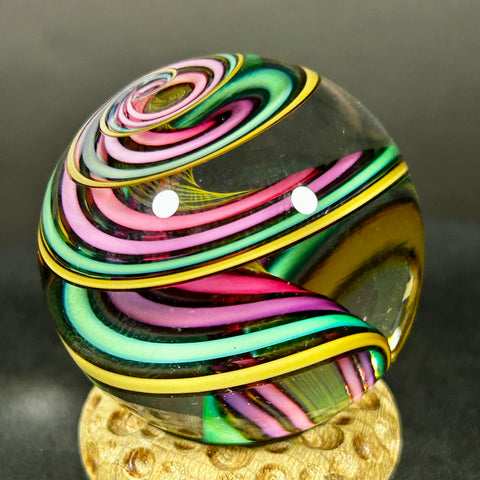 Geoffrey Beetem Art Glass Marble, Neon spiral lines  1.42”