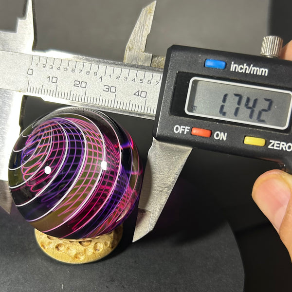 Hot Hot Glass Art Glass Marble, Latticino core with banded pinks and purples, 1.74” 2014