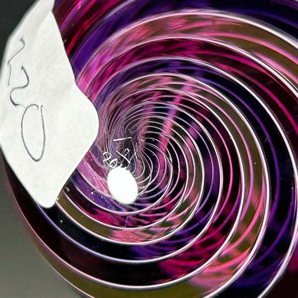 Hot Hot Glass Art Glass Marble, Latticino core with banded pinks and purples, 1.74” 2014