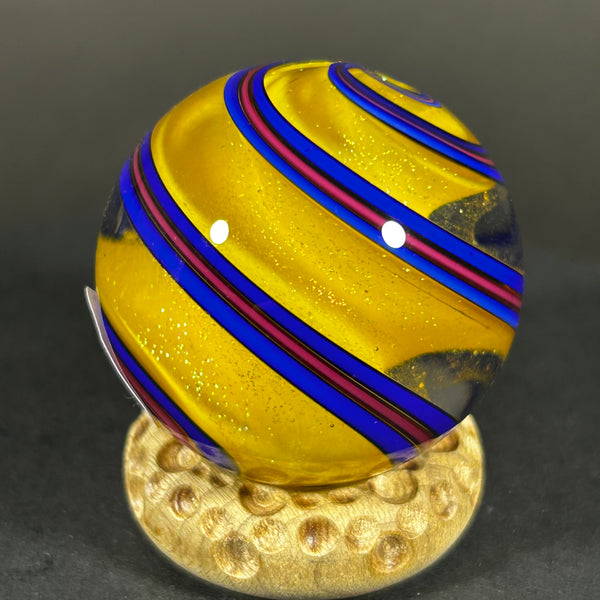 Geoffrey Beetem Art Glass Marble, Yellow dichroic core with spiral’s 1.39”