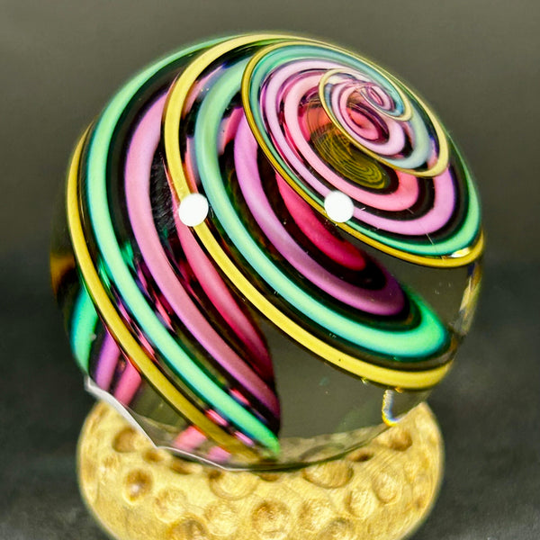 Geoffrey Beetem Art Glass Marble, Neon spiral lines  1.42”
