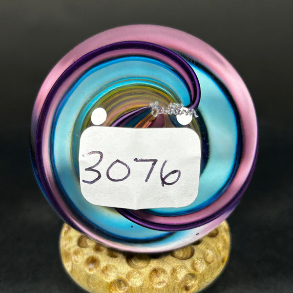 Geoffrey Beetem Art Glass Marble, pink core, wide double band in blue, pink and yellow  1.57”