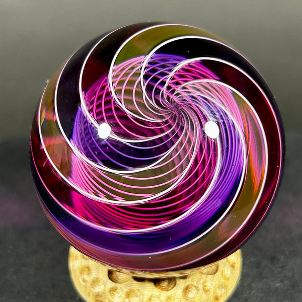 Hot Hot Glass Art Glass Marble, Latticino core with banded pinks and purples, 1.74” 2014