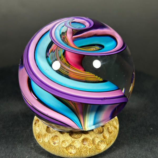 Geoffrey Beetem Art Glass Marble, pink core, wide double band in blue, pink and yellow  1.57”