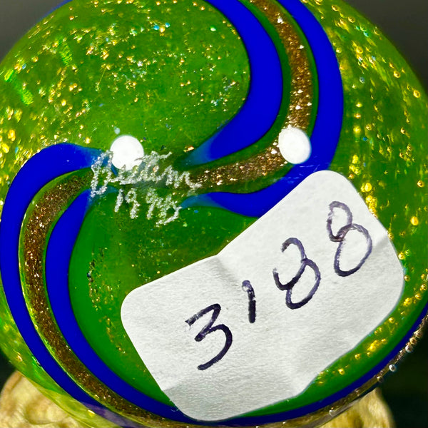 Geoffrey Beetem Art Glass Marble, Neon color bomb in Dichro yellow-green with bands  1.47”