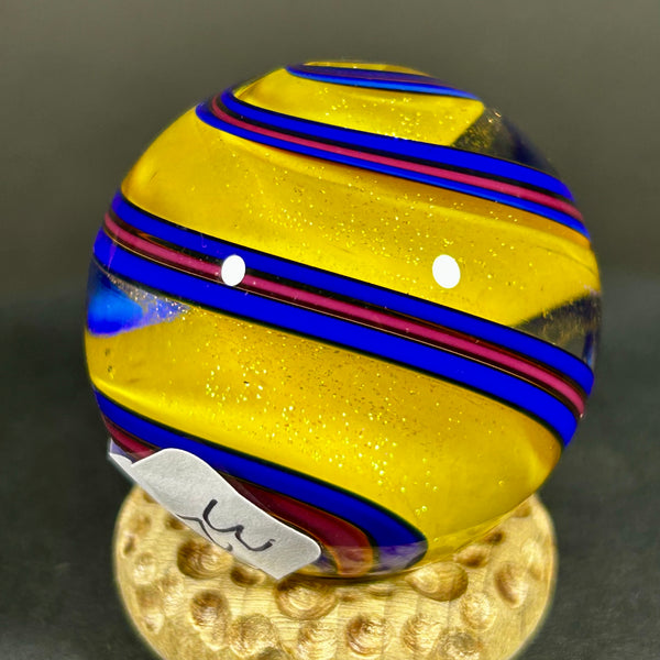 Geoffrey Beetem Art Glass Marble, Yellow dichroic core with spiral’s 1.39”