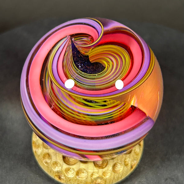 Geoffrey Beetem Art Glass Marble, pink ribbons and fine line spirals  1.47”