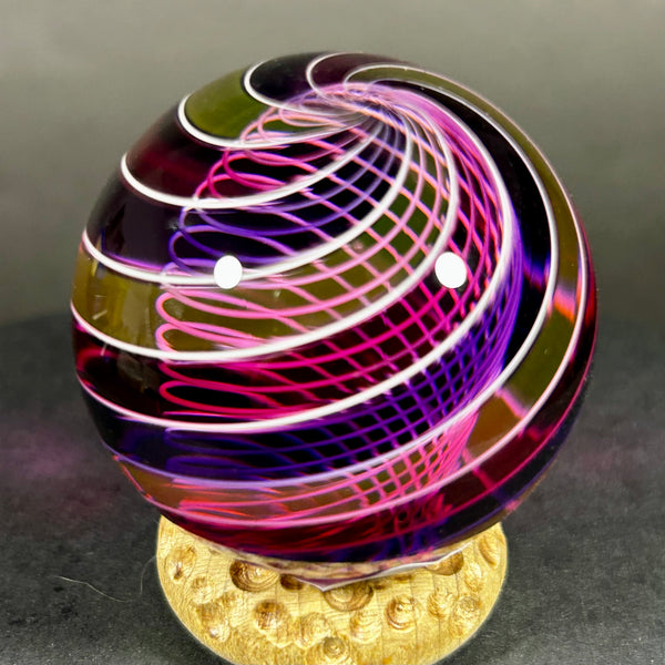 Hot Hot Glass Art Glass Marble, Latticino core with banded pinks and purples, 1.74” 2014