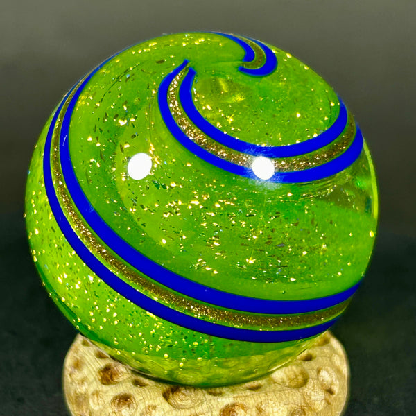 Geoffrey Beetem Art Glass Marble, Neon color bomb in Dichro yellow-green with bands  1.47”