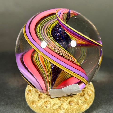 Geoffrey Beetem Art Glass Marble, pink ribbons and fine line spirals  1.47”