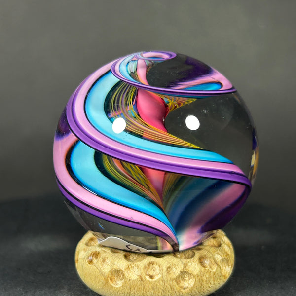 Geoffrey Beetem Art Glass Marble, pink core, wide double band in blue, pink and yellow  1.57”