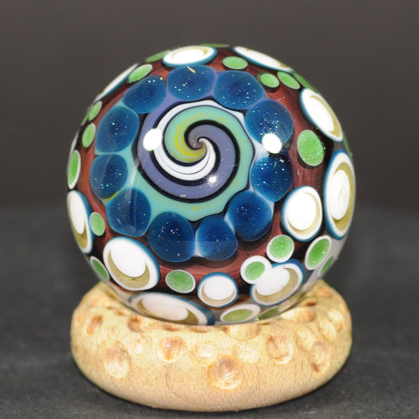 Douglas Ferguson Art Glass Marble, Floaty Cloud Core over lime dot stacks-*second*