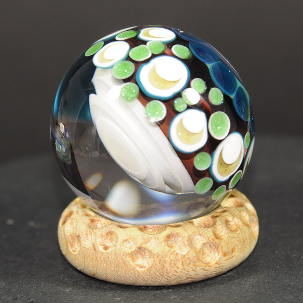 Douglas Ferguson Art Glass Marble, Floaty Cloud Core over lime dot stacks-*second*