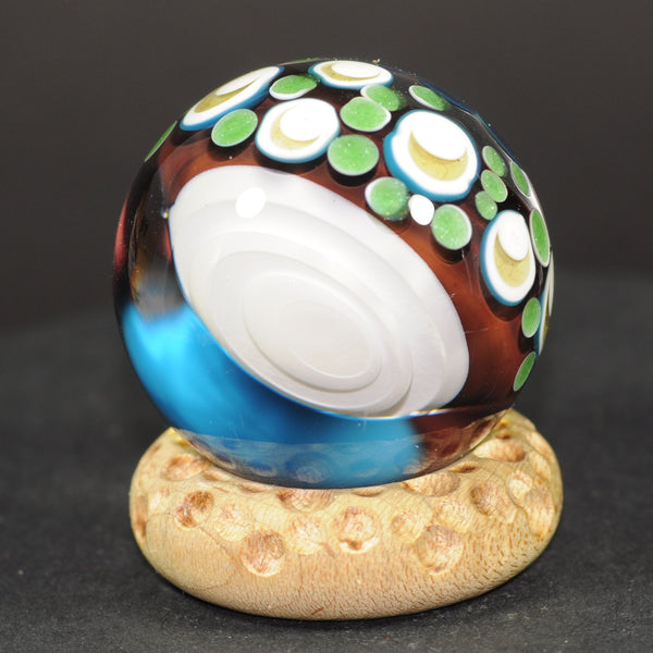Douglas Ferguson Art Glass Marble, Floaty Cloud Core over lime dot stacks-*second*