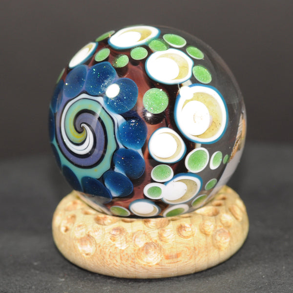 Douglas Ferguson Art Glass Marble, Floaty Cloud Core over lime dot stacks-*second*