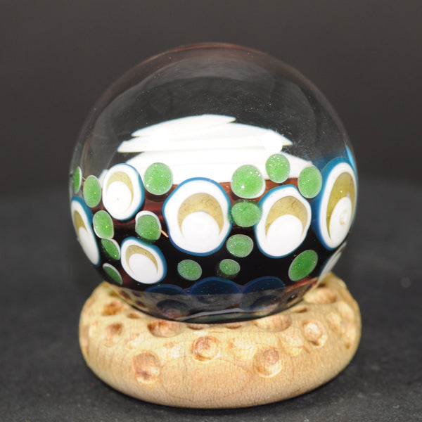 Douglas Ferguson Art Glass Marble, Floaty Cloud Core over lime dot stacks-*second*