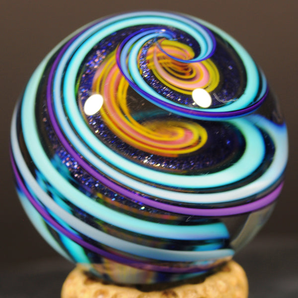 Geoffrey Beetem Art Glass Marble, Giant Triple Spiral W/Dichro and fine lines 1.85”