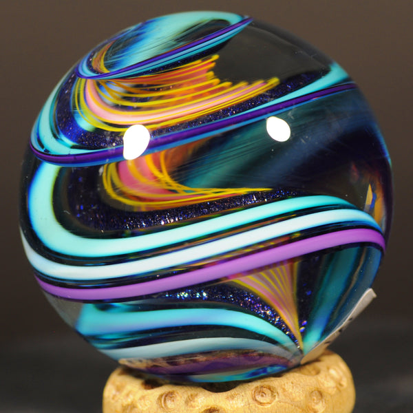 Geoffrey Beetem Art Glass Marble, Giant Triple Spiral W/Dichro and fine lines 1.85”