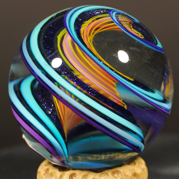 Geoffrey Beetem Art Glass Marble, Giant Triple Spiral W/Dichro and fine lines 1.85”