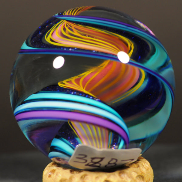 Geoffrey Beetem Art Glass Marble, Giant Triple Spiral W/Dichro and fine lines 1.85”