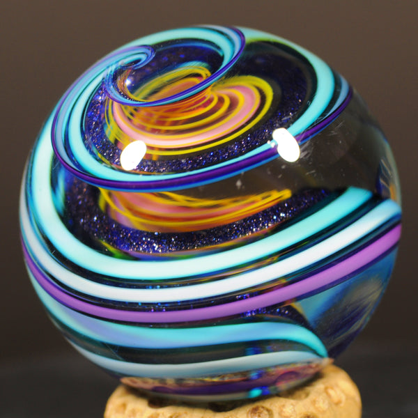 Geoffrey Beetem Art Glass Marble, Giant Triple Spiral W/Dichro and fine lines 1.85”