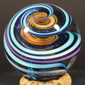 Geoffrey Beetem Art Glass Marble, Giant Triple Spiral W/Dichro and fine lines 1.85”