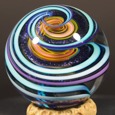 Geoffrey Beetem Art Glass Marble, Giant Triple Spiral W/Dichro and fine lines 1.85”