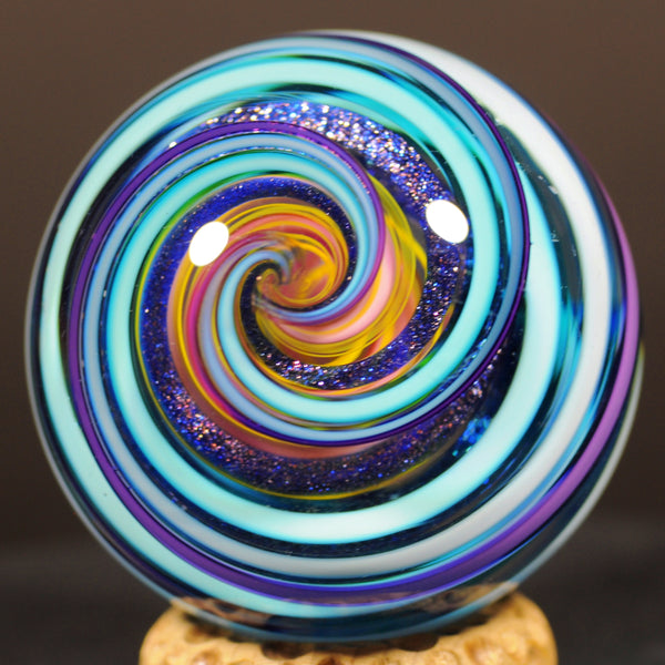 Geoffrey Beetem Art Glass Marble, Giant Triple Spiral W/Dichro and fine lines 1.85”