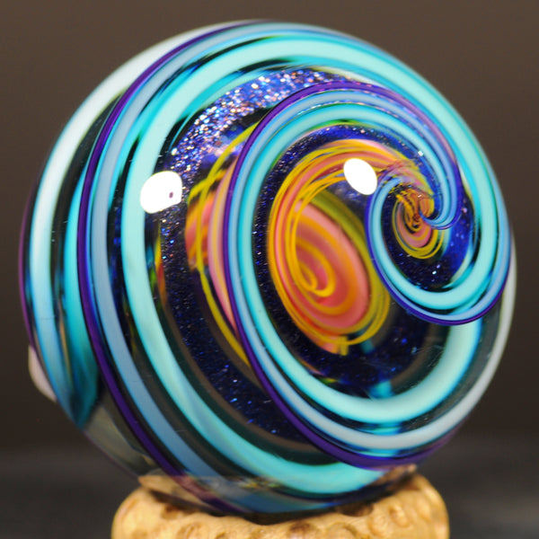 Geoffrey Beetem Art Glass Marble, Giant Triple Spiral W/Dichro and fine lines 1.85”