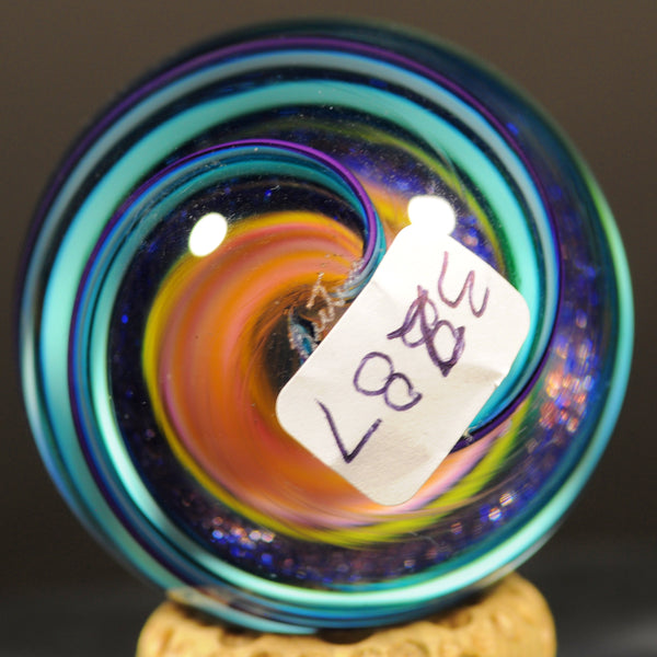 Geoffrey Beetem Art Glass Marble, Giant Triple Spiral W/Dichro and fine lines 1.85”
