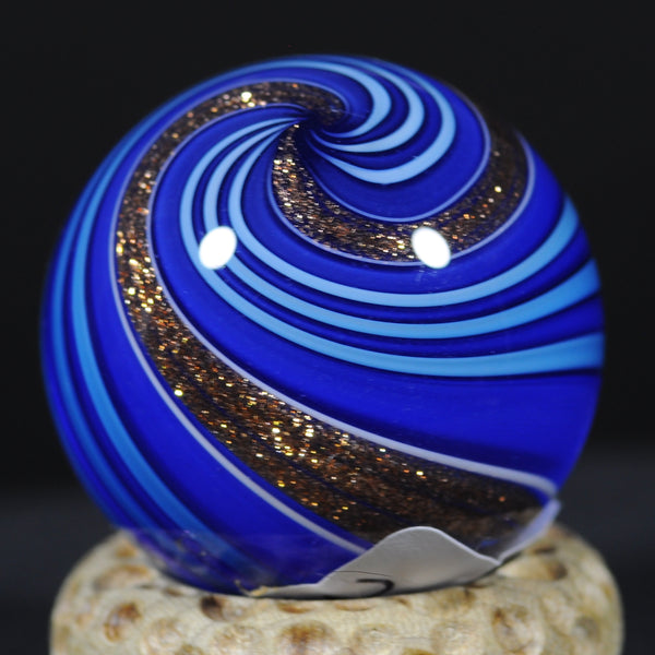 Mark Matthews Triple Lutz - Triple Banded, Double Blues, Art glass marble 1.22"
