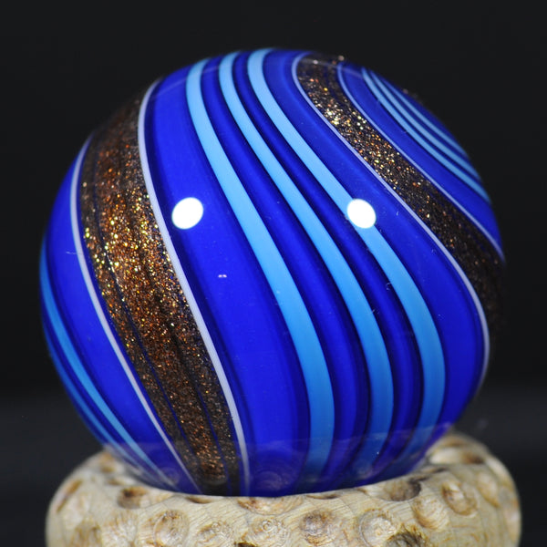 Mark Matthews Triple Lutz - Triple Banded, Double Blues, Art glass marble 1.22"