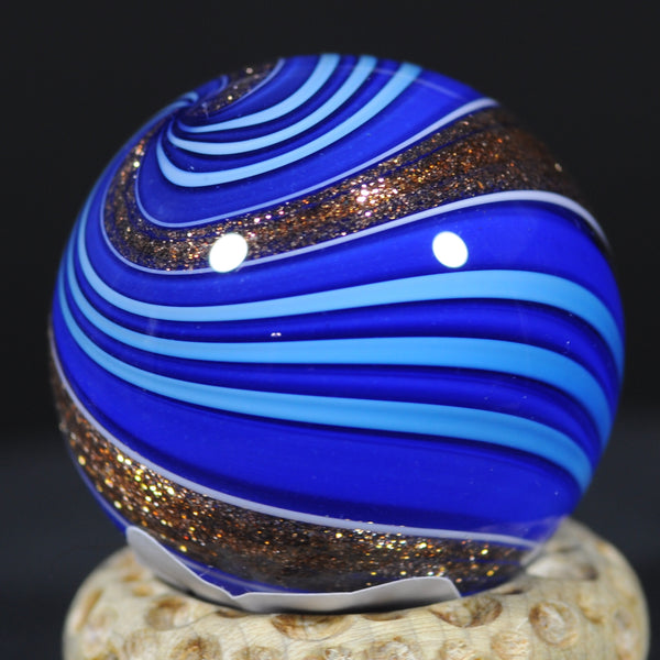 Mark Matthews Triple Lutz - Triple Banded, Double Blues, Art glass marble 1.22"